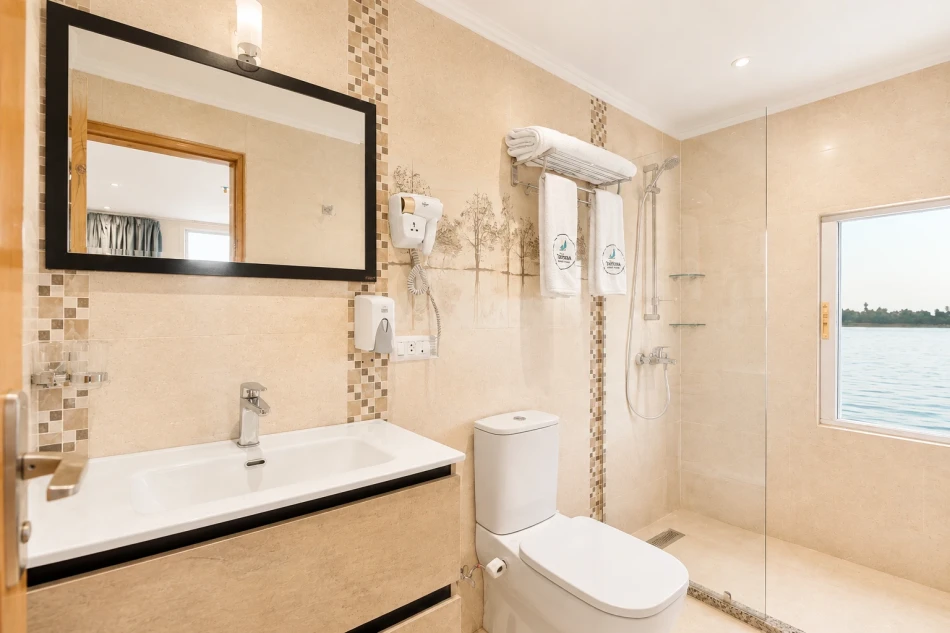 Private cabin bathroom aboard Fatima Dahabiya Nile Cruise