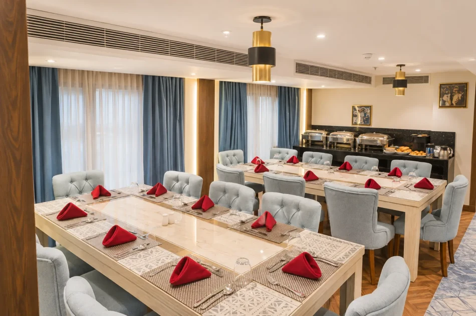 Indoor dining area aboard Iris Dahabiya Nile Cruise
