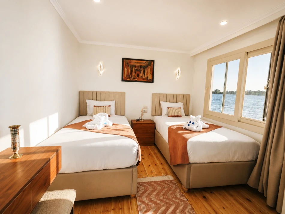 Twin cabin with two separate beds aboard Sila Dahabiya Nile Cruise