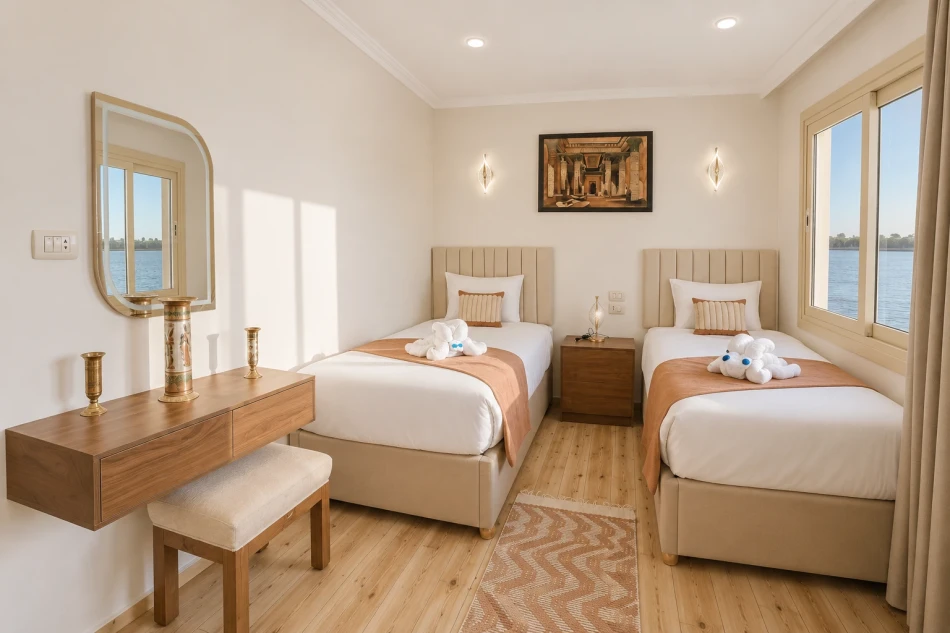 Interior view of a twin cabin aboard Sila Dahabiya Nile Cruise