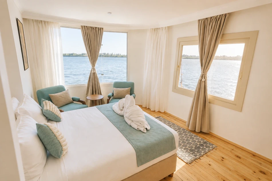 Suite cabin with a large bed aboard Sila Dahabiya Nile Cruise