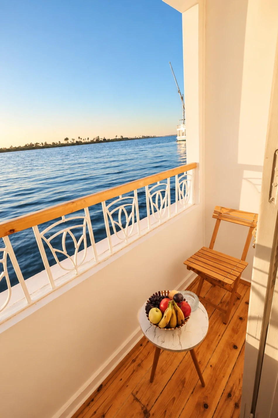 Private suite balcony overlooking the Nile River aboard Sila Dahabiya Nile Cruise