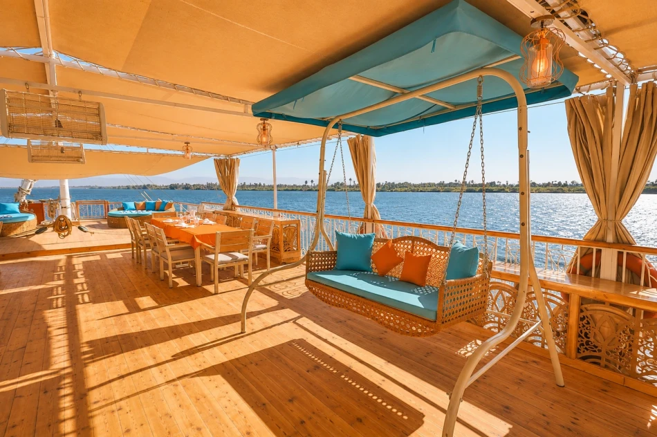 Shaded seating area on the sun deck of Sila Dahabiya Nile Cruise