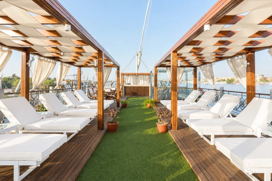 Sun deck seating and loungers aboard Merit Dahabiya Nile Cruise