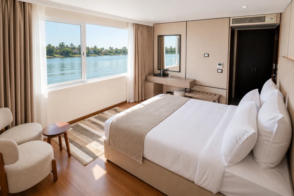 Twin cabin interior with a twin beds aboard Swan Dahabiya Nile Cruise