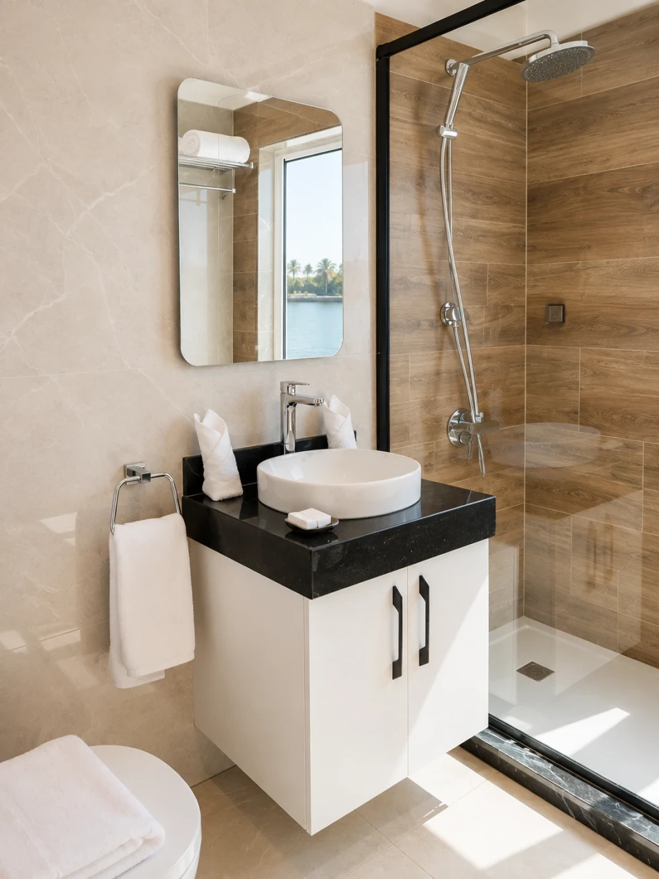 Private cabin bathroom aboard Swan Dahabiya Nile Cruise