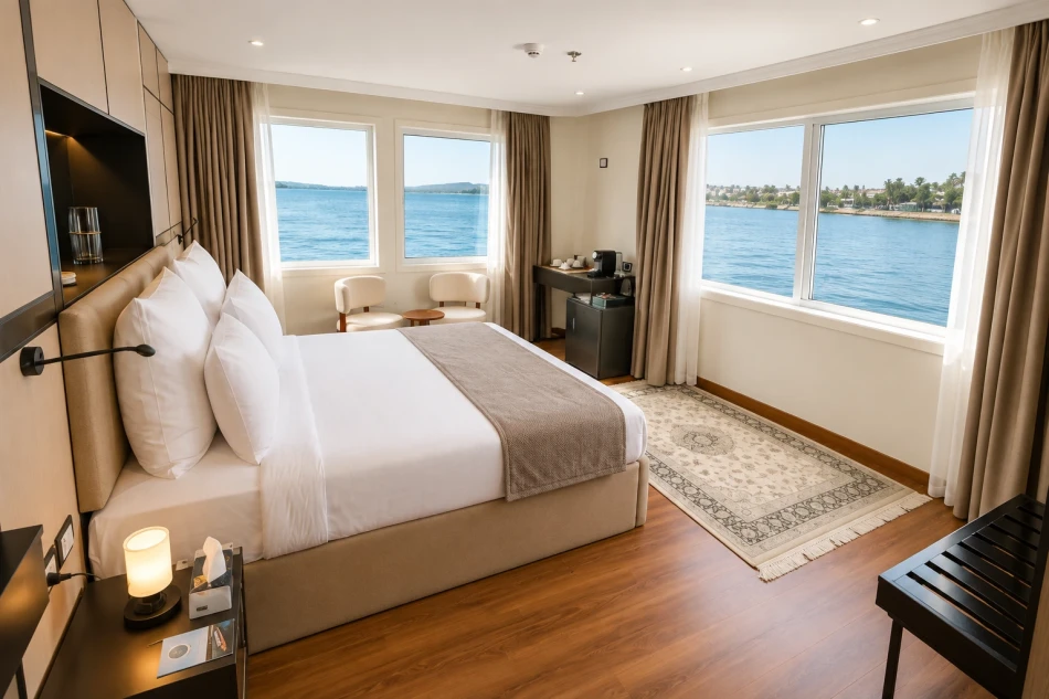 Spacious suite with Nile River views aboard Swan Dahabiya Nile Cruise