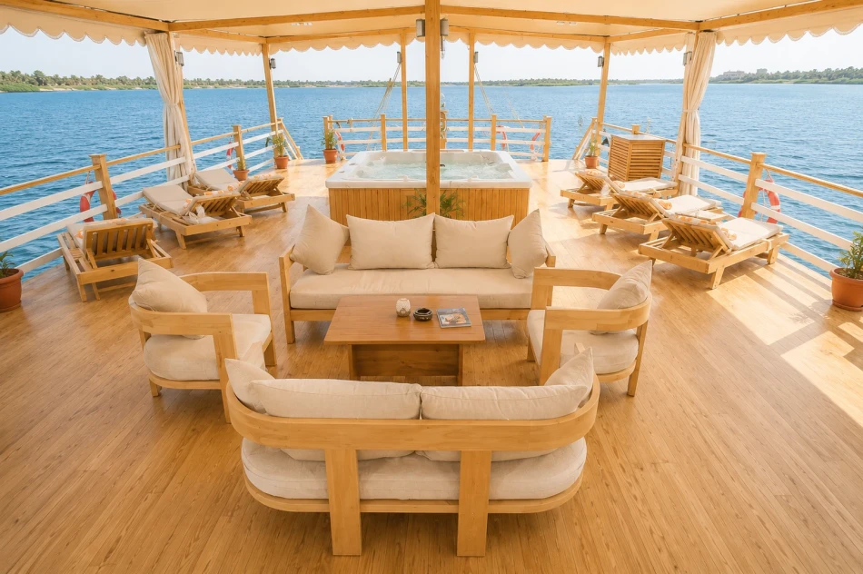 Outdoor jacuzzi overlooking the Nile River aboard Swan Dahabiya Nile Cruise