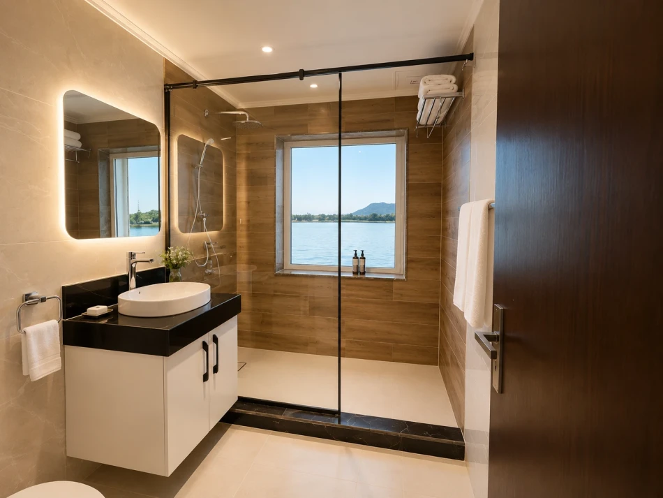 Suite bathroom with shower aboard Swan Dahabiya Nile Cruise