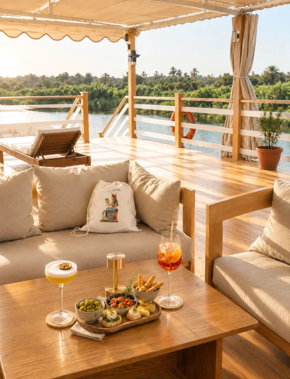 Outdoor lounge seating on the sun deck of Swan Dahabiya Nile Cruise