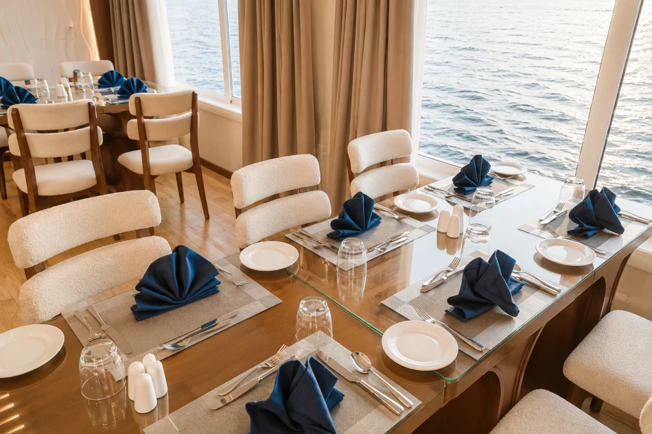 Indoor dining table aboard Swan Dahabiya Nile Cruise