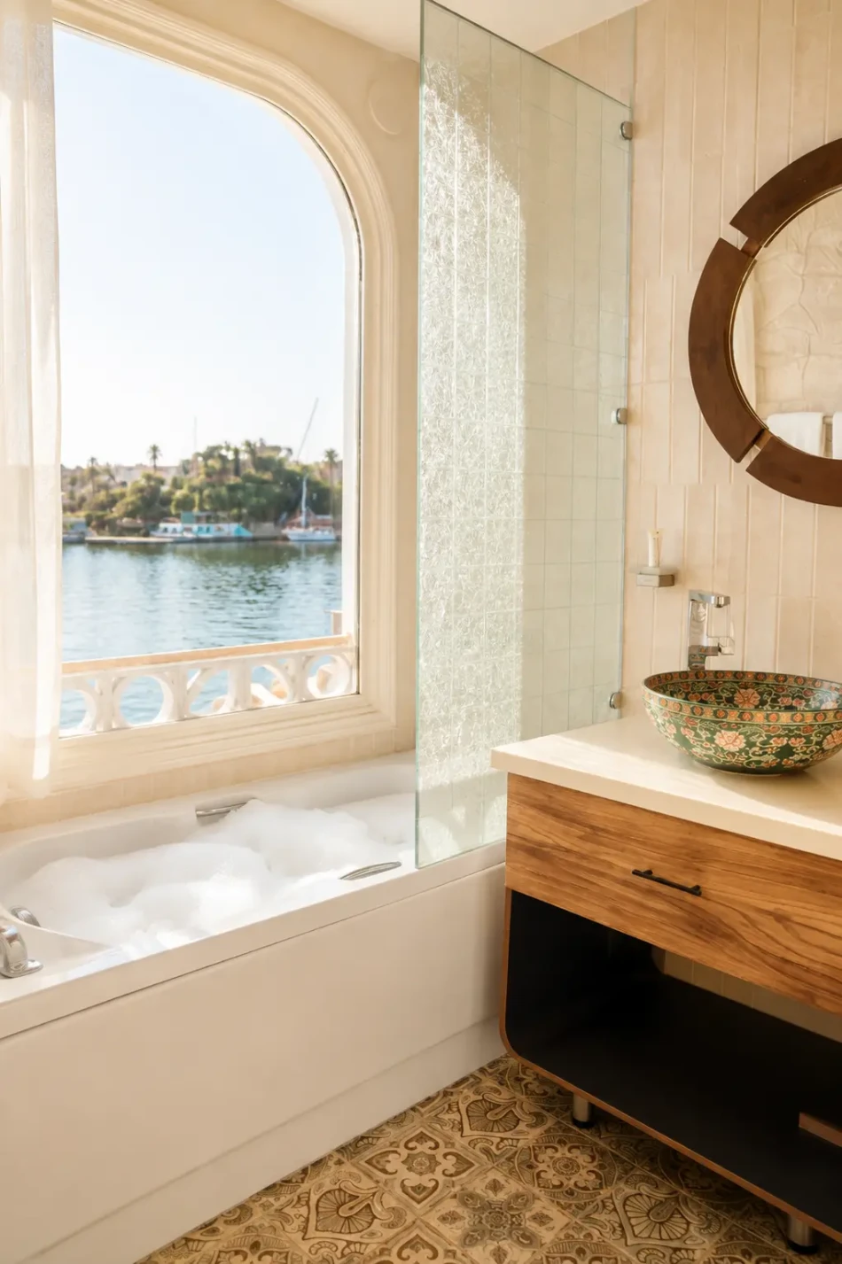 Bathroom with Nile River views aboard Nayera Dahabiya Nile Cruise