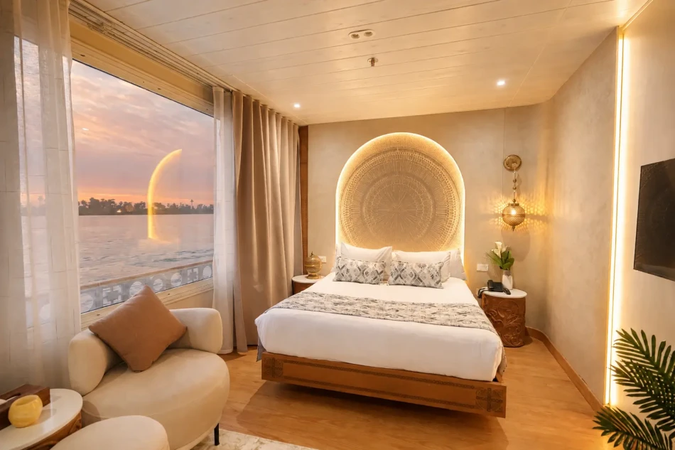 Spacious suite with bedroom and seating area aboard Nayera Dahabiya Nile Cruise