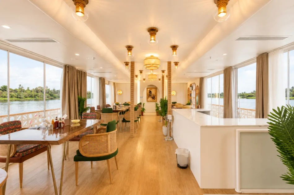 Indoor dining area aboard Nayera Dahabiya Nile Cruise
