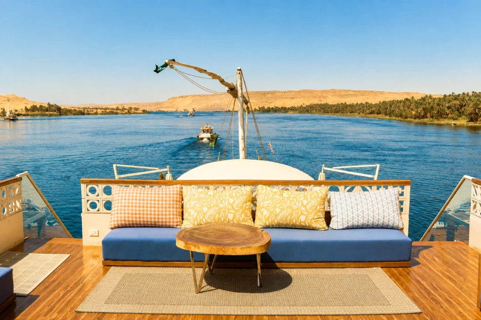 Outdoor seating area on the sun deck of Nayera Dahabiya Nile Cruise