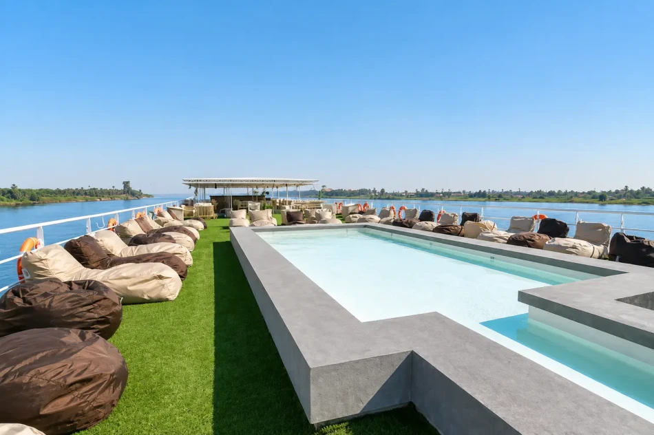 Outdoor swimming pool on the sun deck of Mahrousa Nile Cruise
